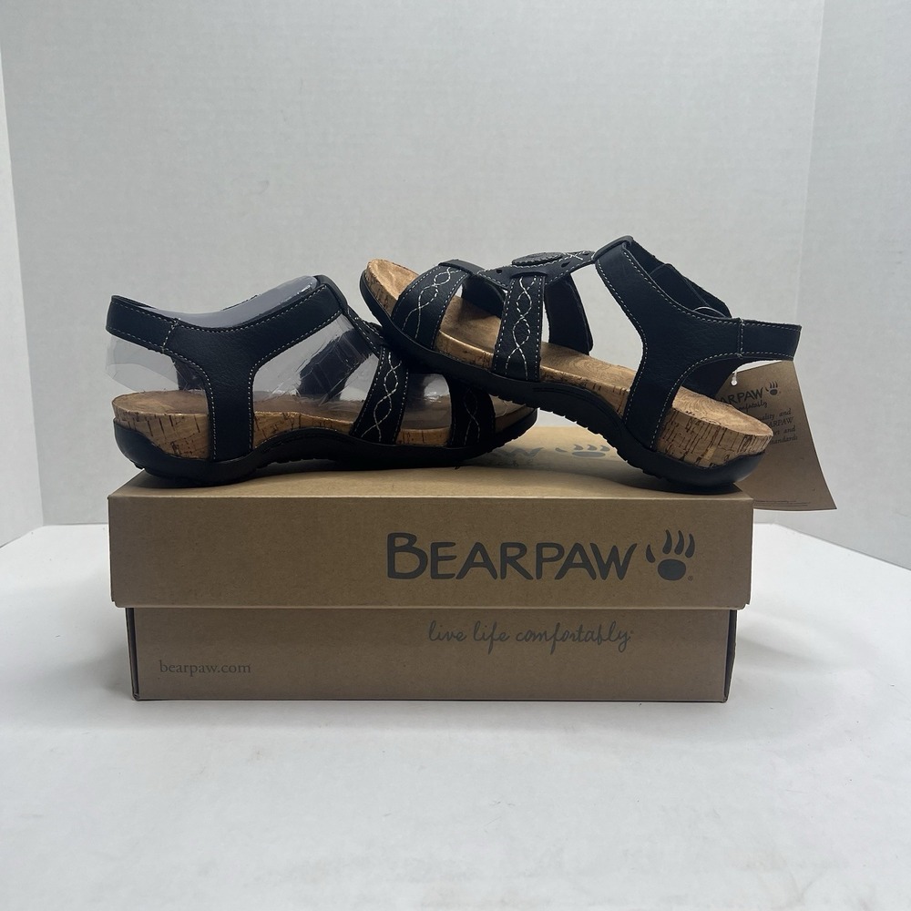 BEARPAW Ridley II Womens Size 6 Black Cork Strappy Comfort Sandals NIB 2667W